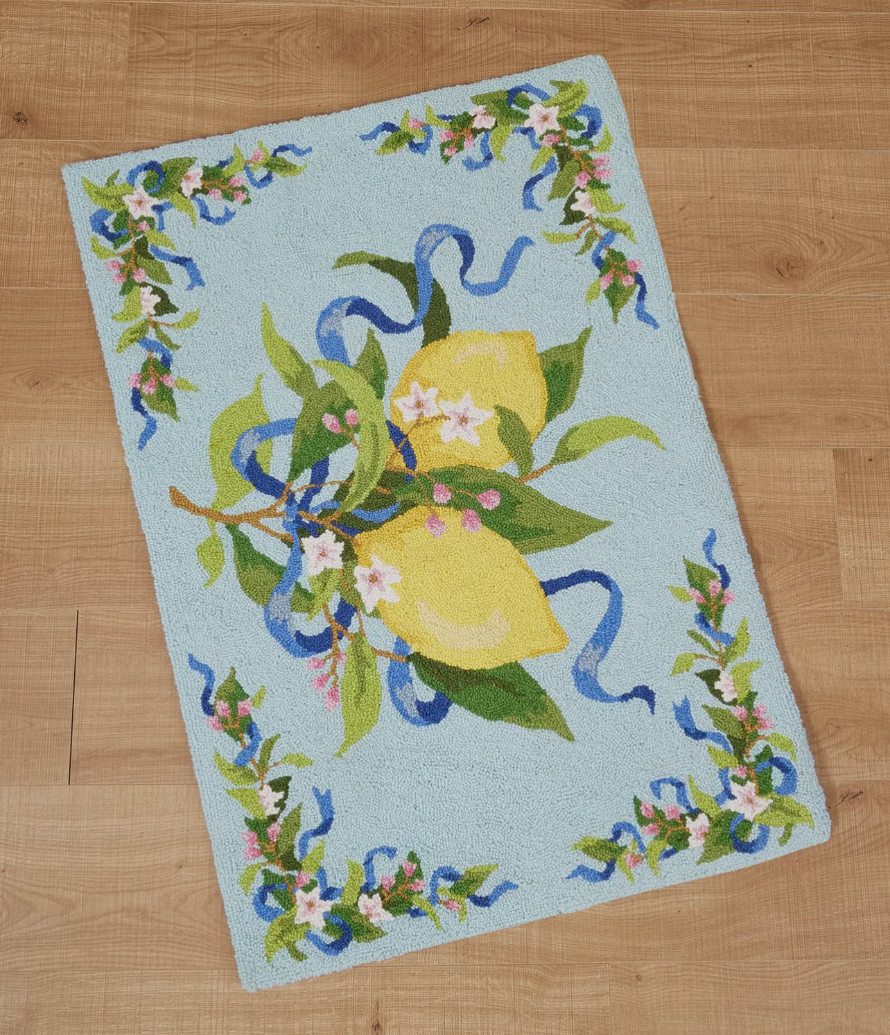 Lemons and ribbons hand hooked rug