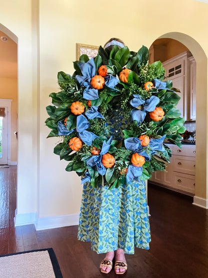 Fall orange pumpkin and magnolia wreath with optional French blue ribbons