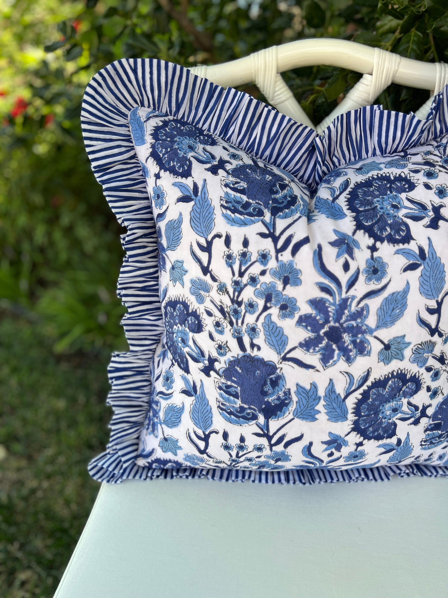 Blue and white block print floral ruffle pillow cover