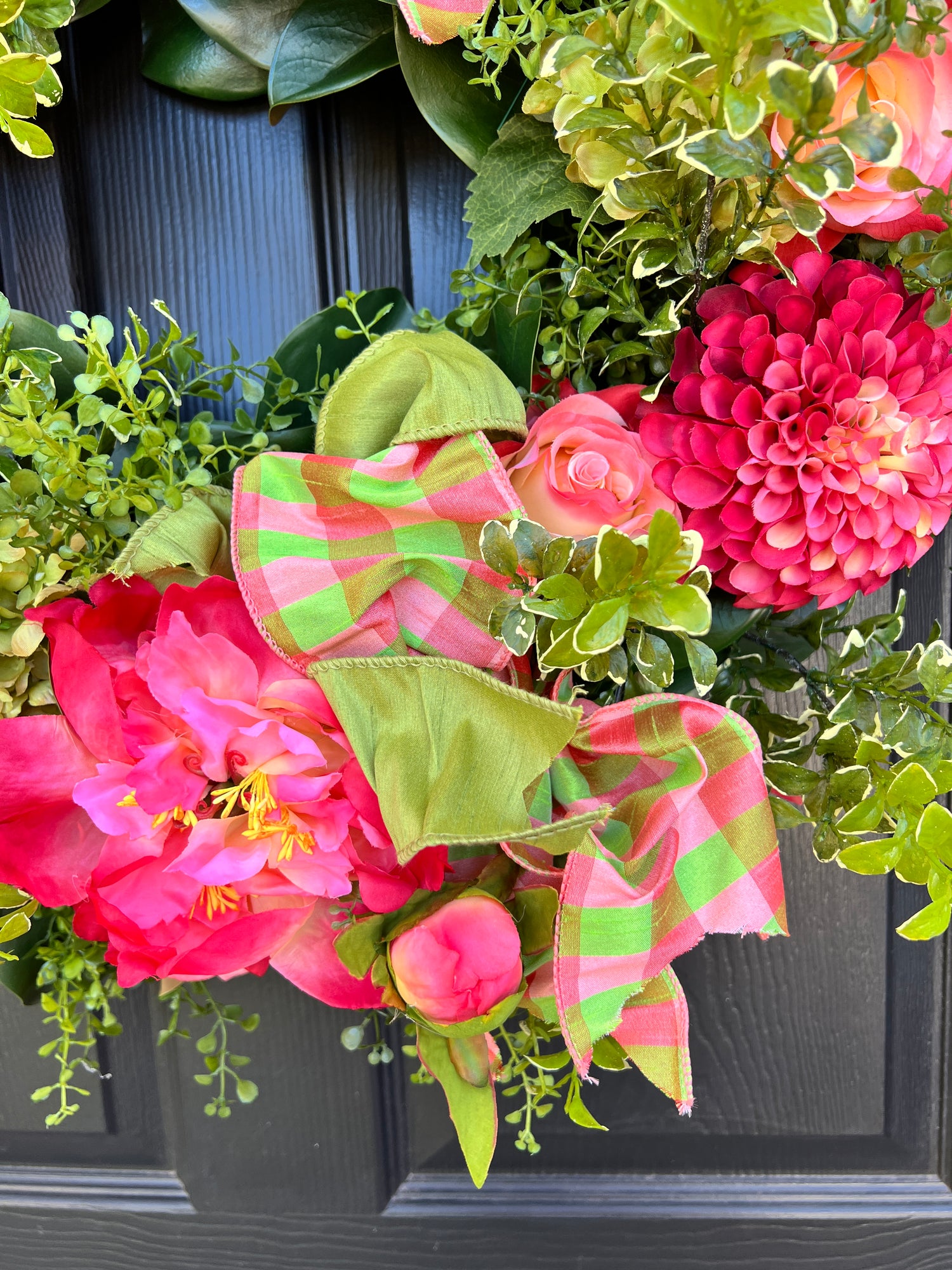 Coral and green Spring and Summer wreath with optional gingham dupioni ribbon