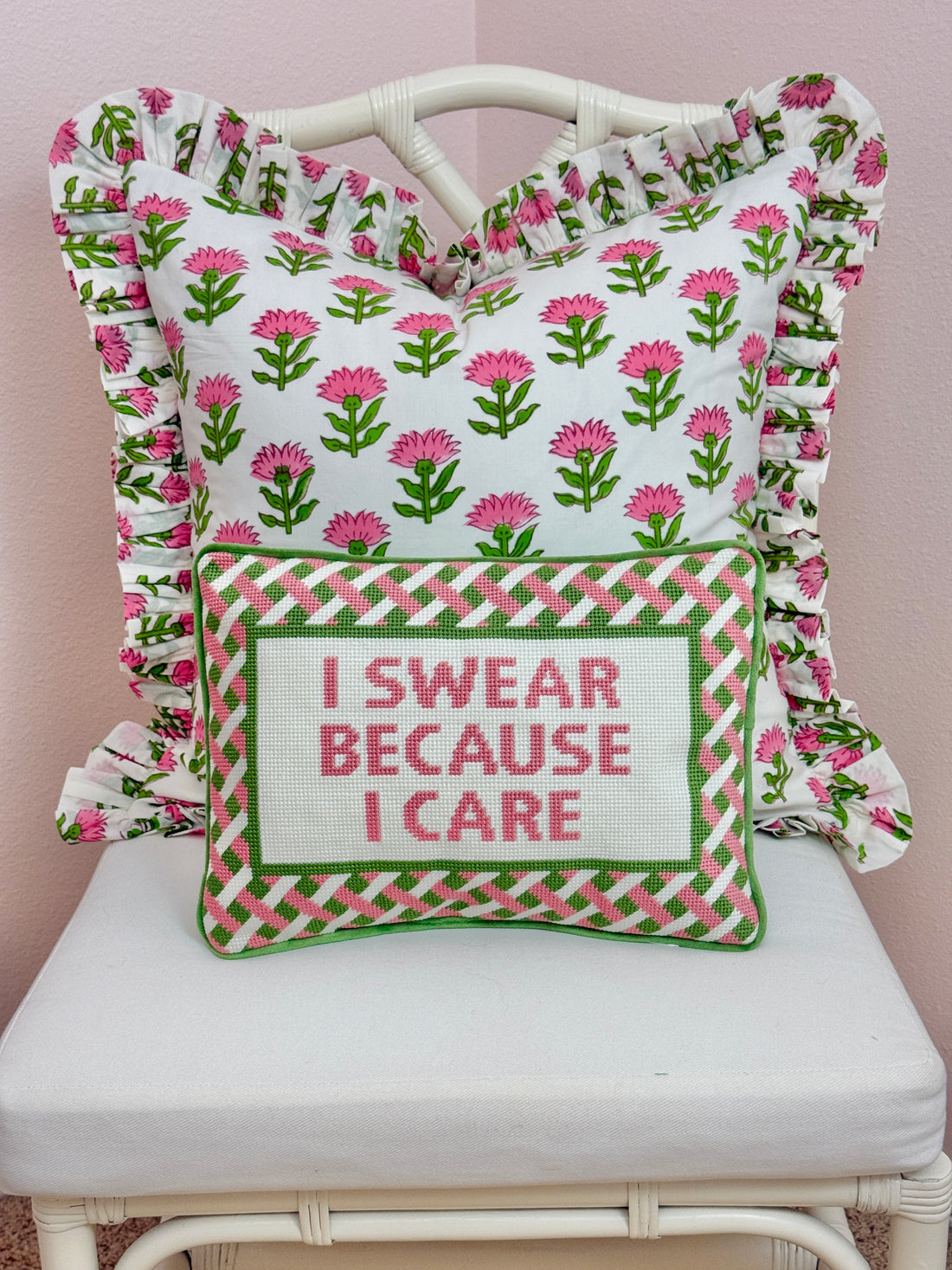 Needlepoint pillow, pink and green “I swear because I care”