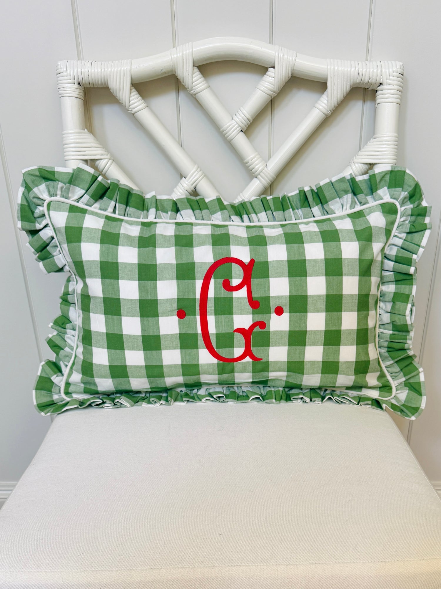 Fern green check pillow cover with ruffle trim, monogram available