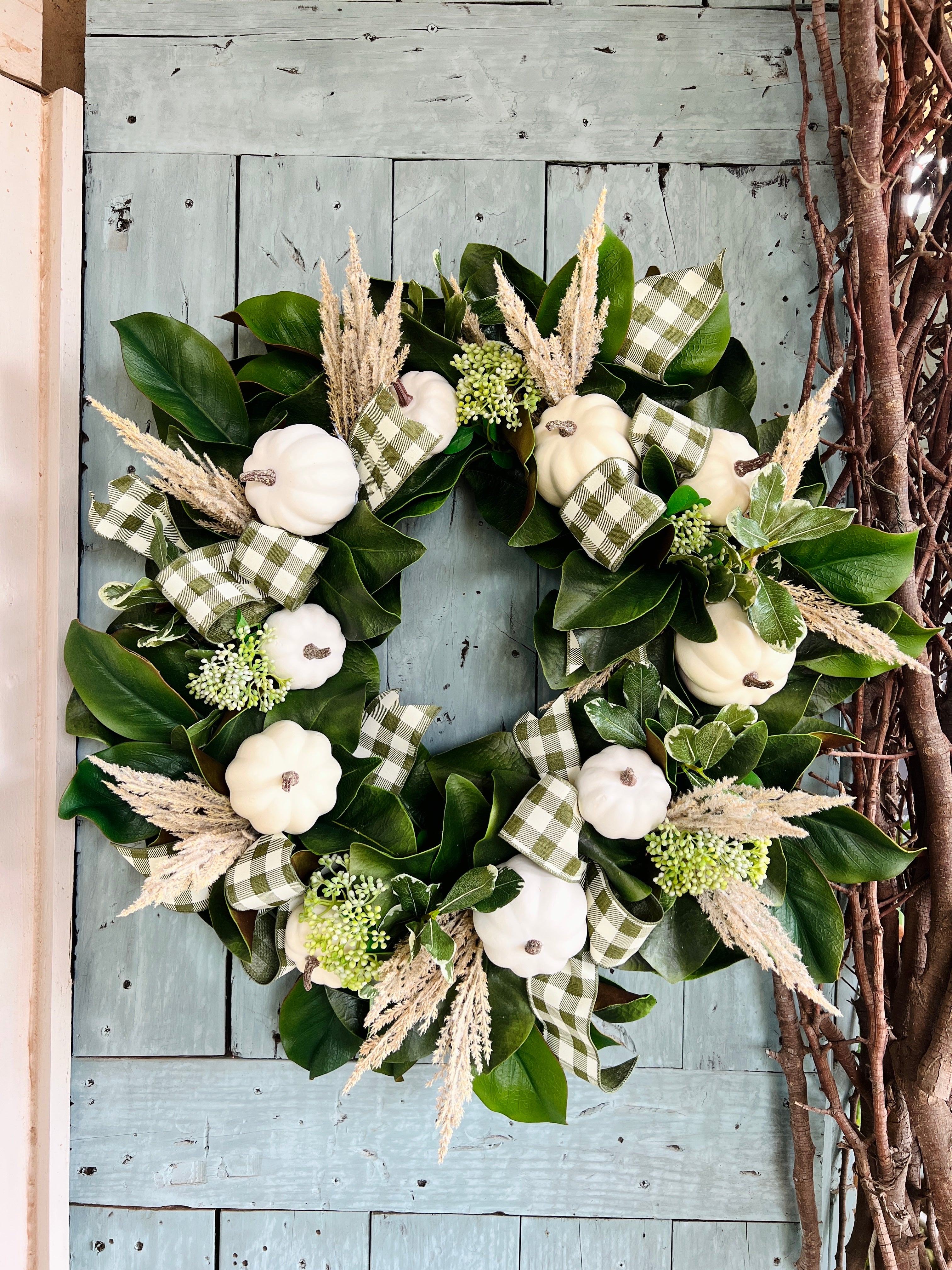 White pumpkin and magnolia Fall wreath