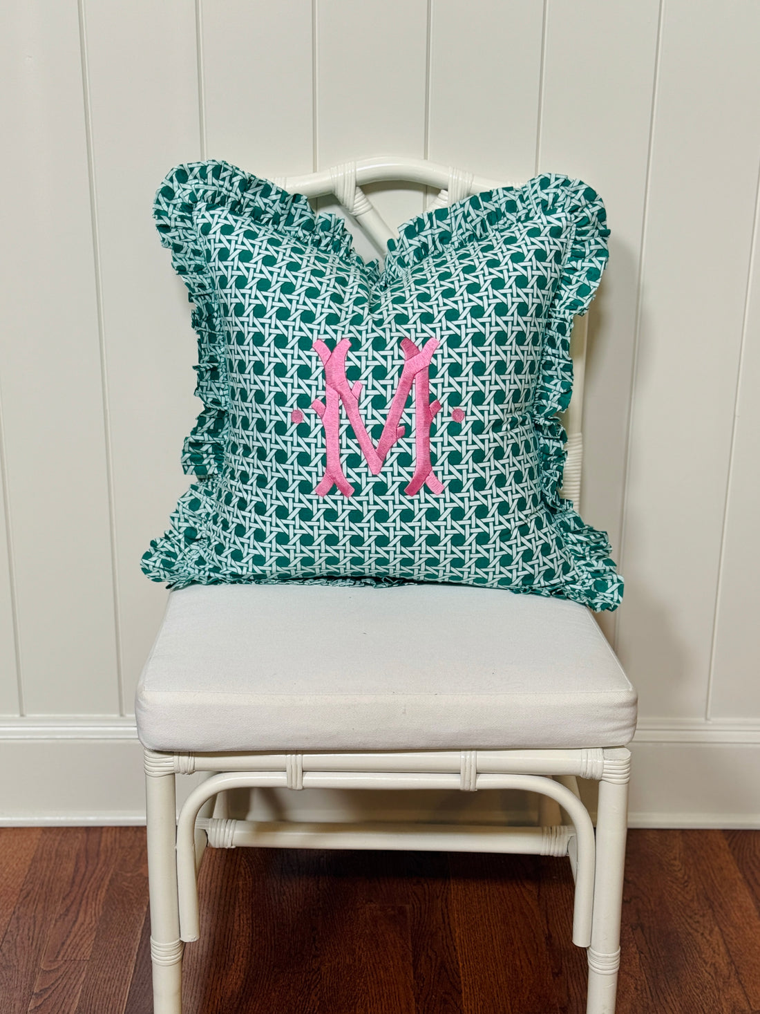 Emerald green cane trellis block print pillow cover, monogram available