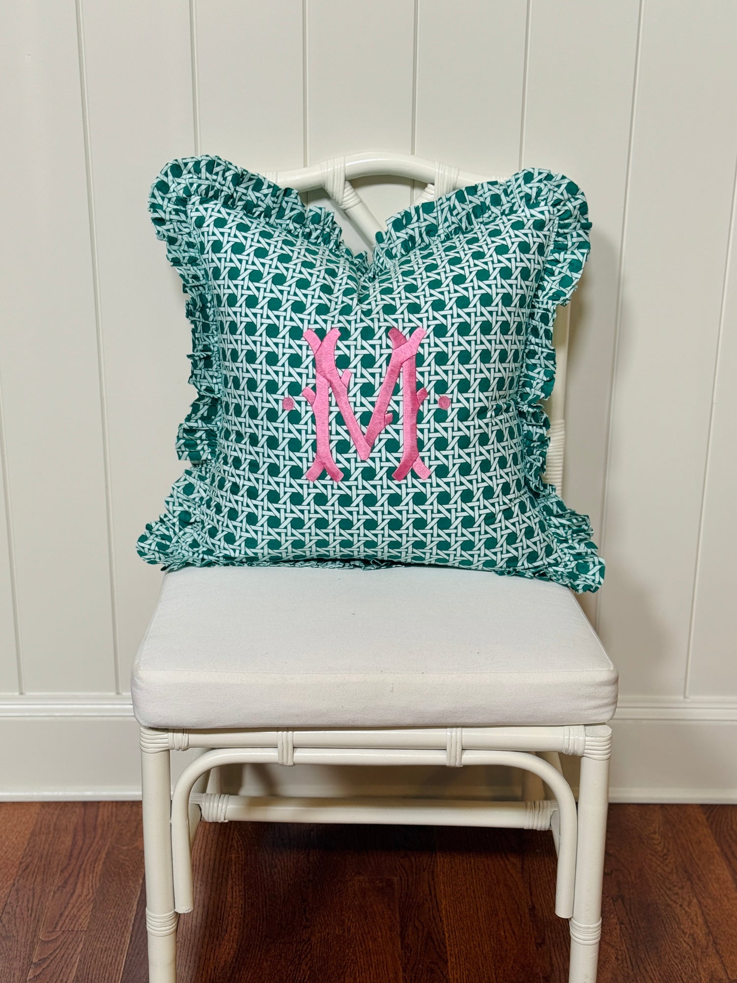 Emerald green cane trellis block print pillow cover, monogram available