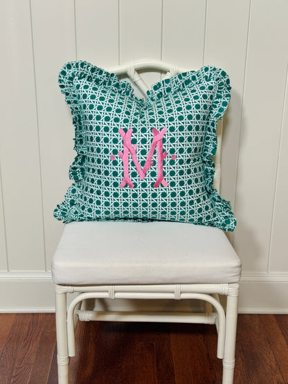 Emerald green cane trellis block print pillow cover, monogram available