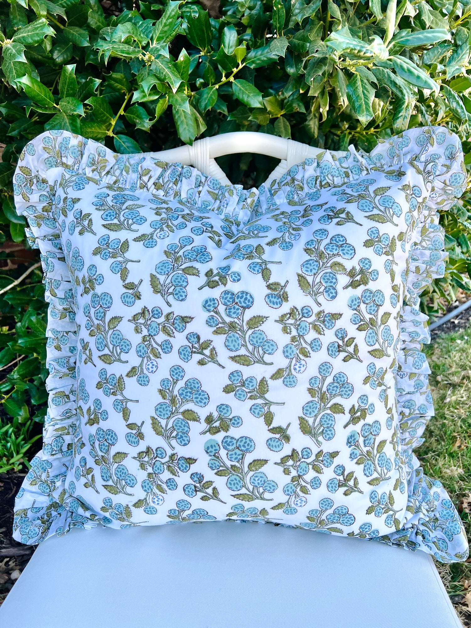 Light blue and green berry block print ruffle pillow cover