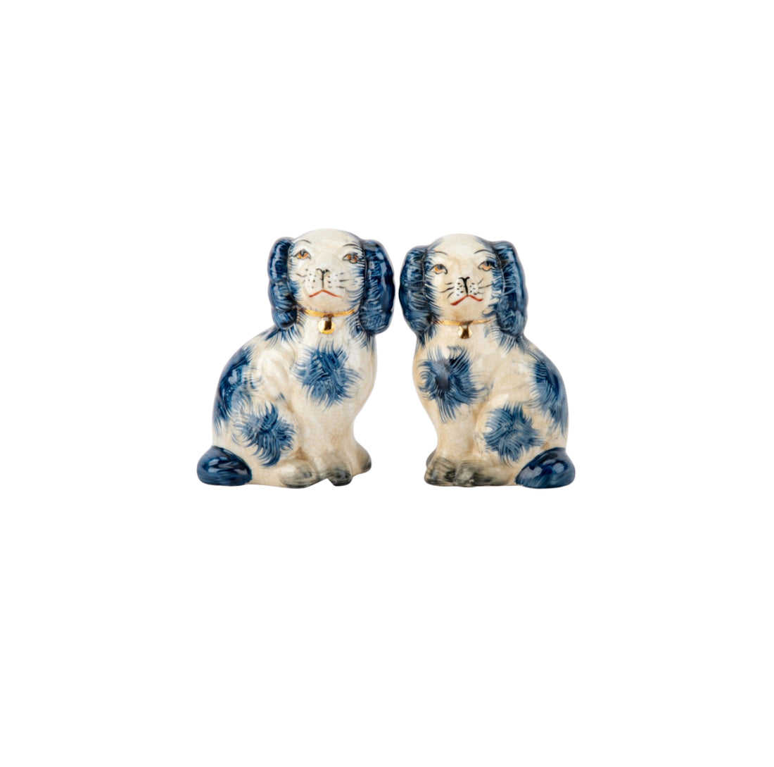 Blue porcelain Staffordshire dog salt and pepper shaker set