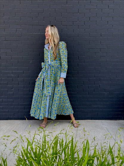 The Mary maxi shirtdress in green and blue freesia block print