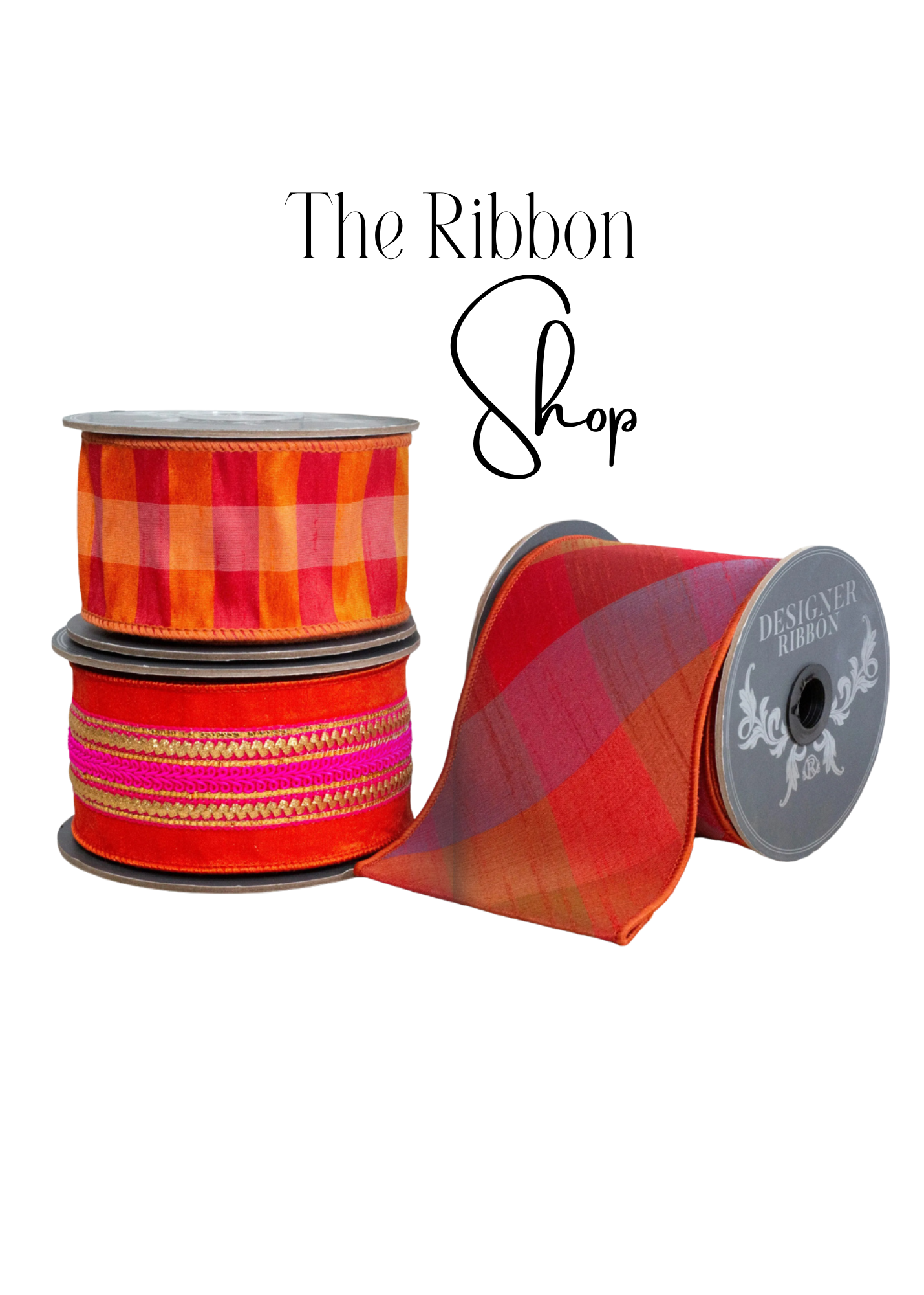 Fuchsia and orange check dupioni wired ribbon by the roll