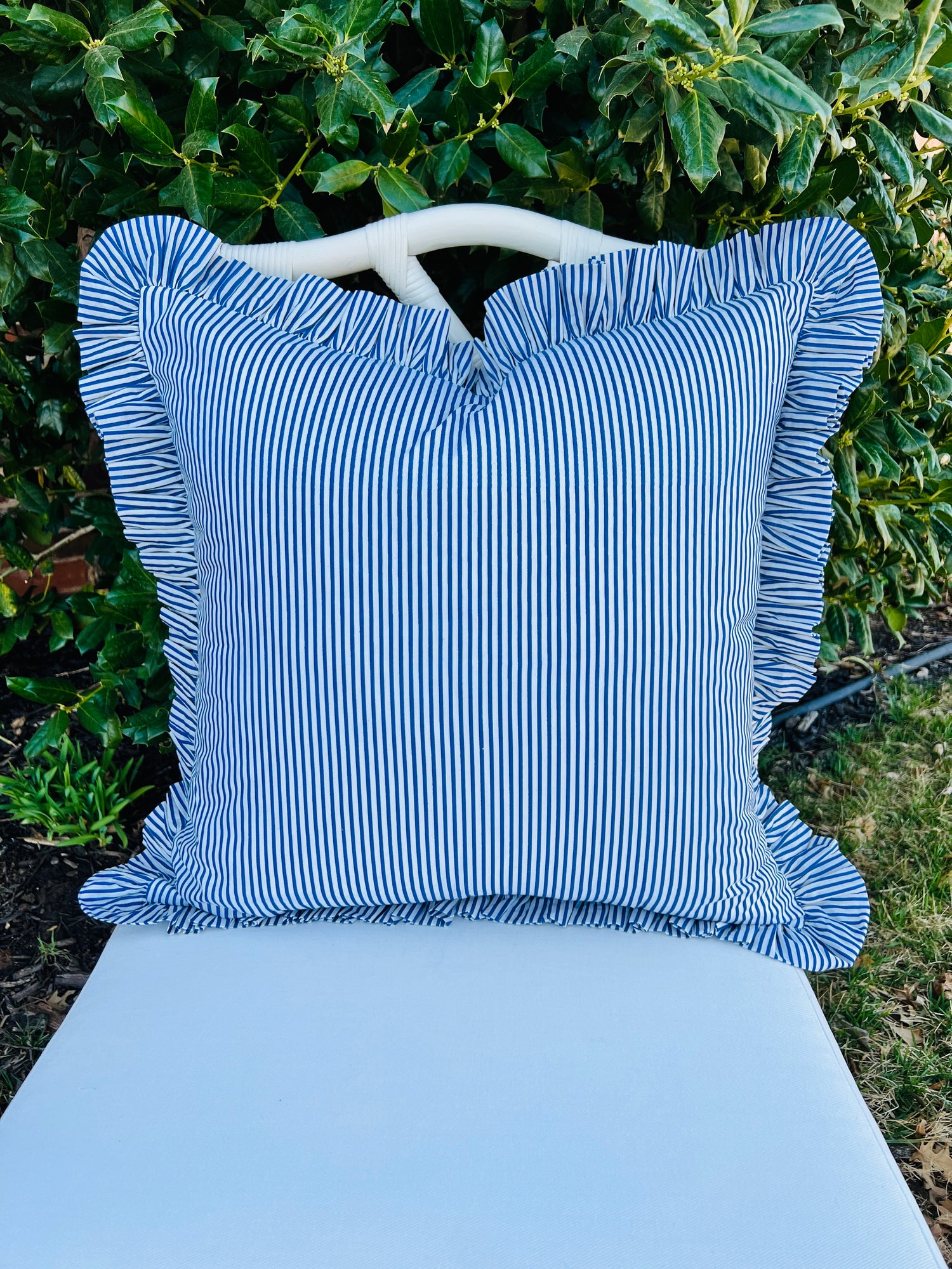 Blue striped ruffle pillow cover, two sizes