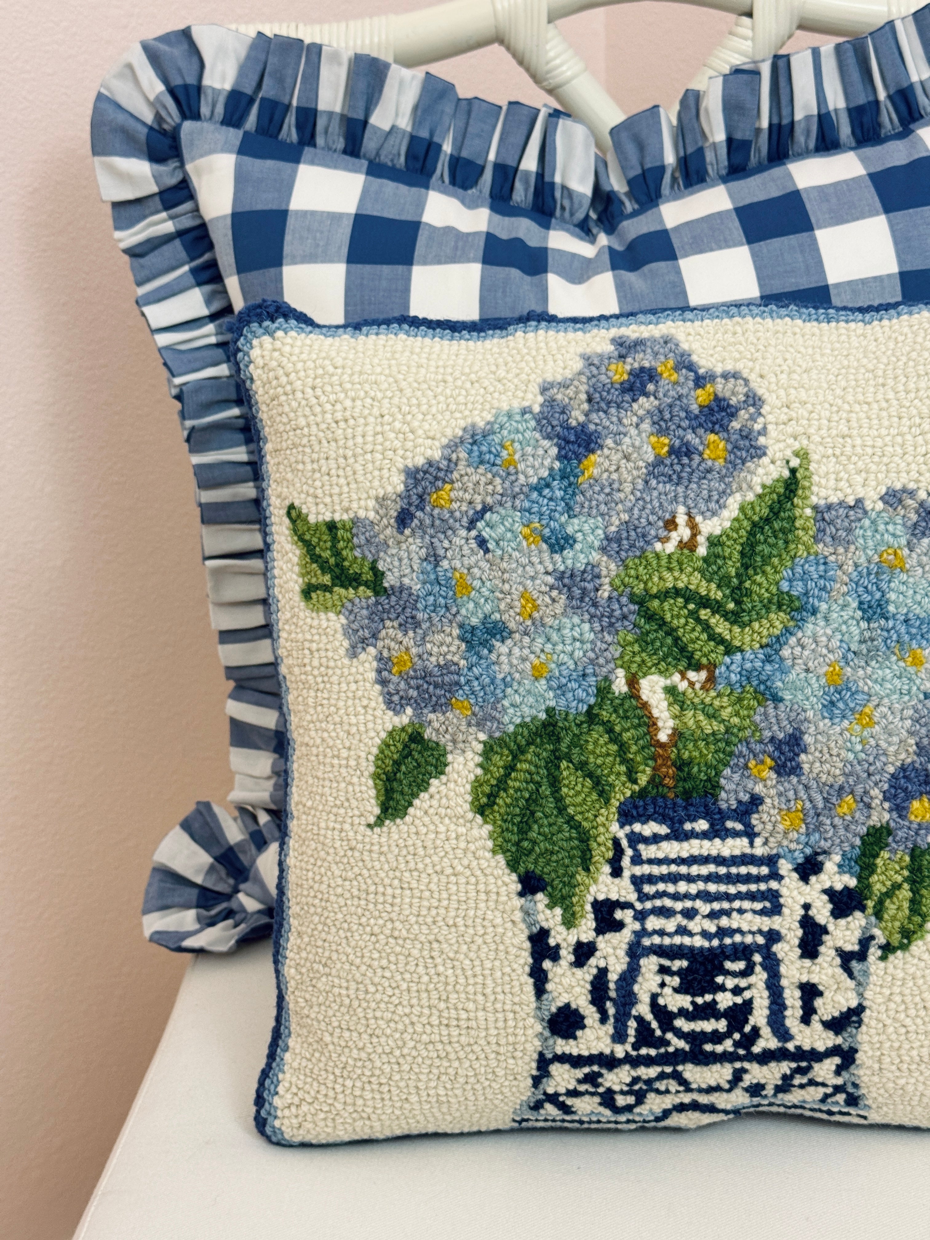 Chinoiserie hydrangeas 2 hand hooked pillow