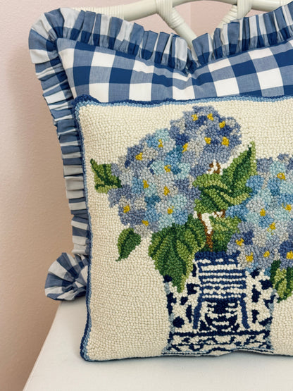 Chinoiserie hydrangeas 2 hand hooked pillow