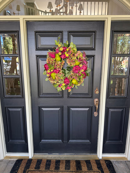 Magenta and pear green hydrangea and coleus floral wreath