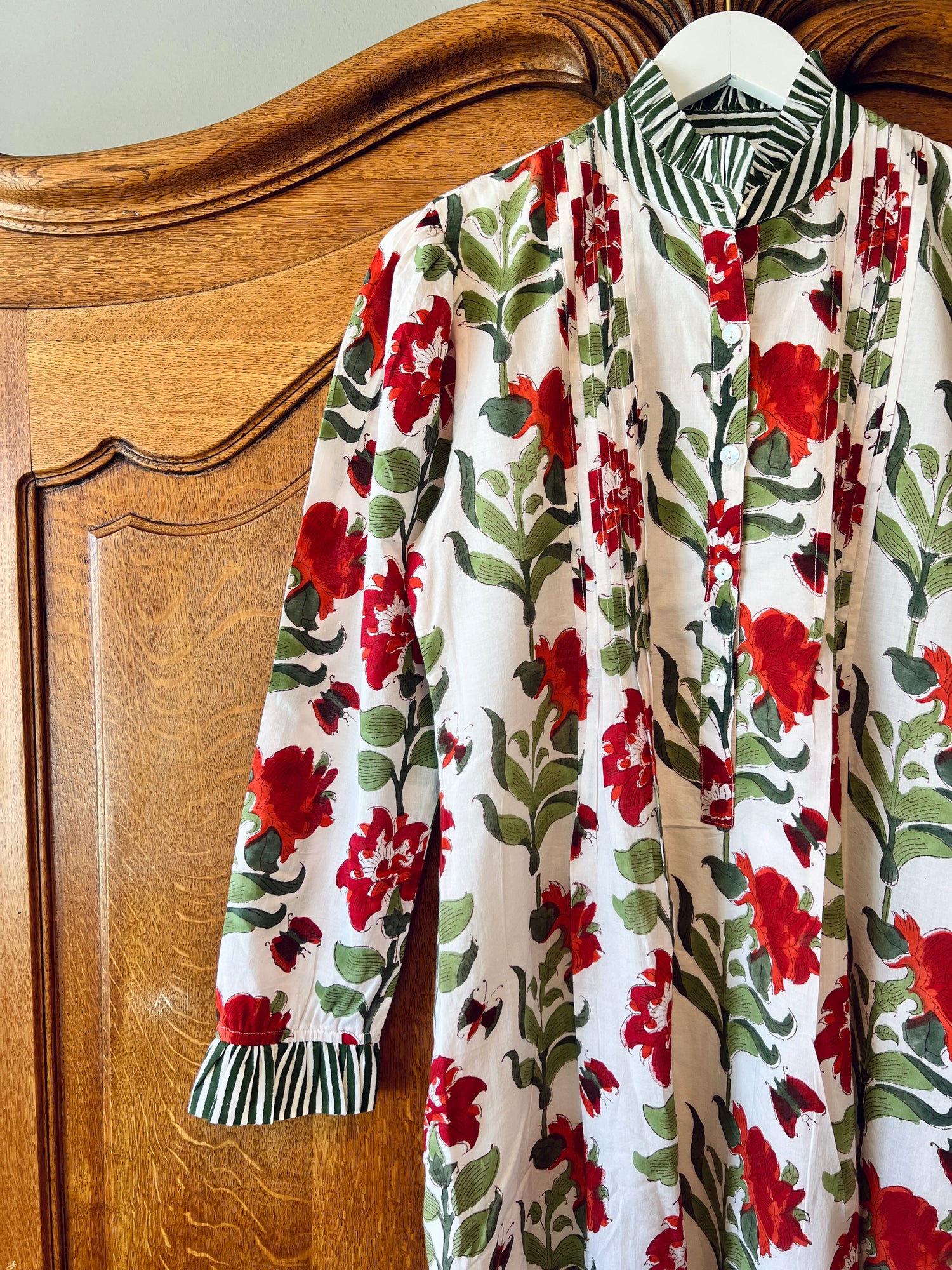 Pintuck caftan maxi dress red and green floral block print