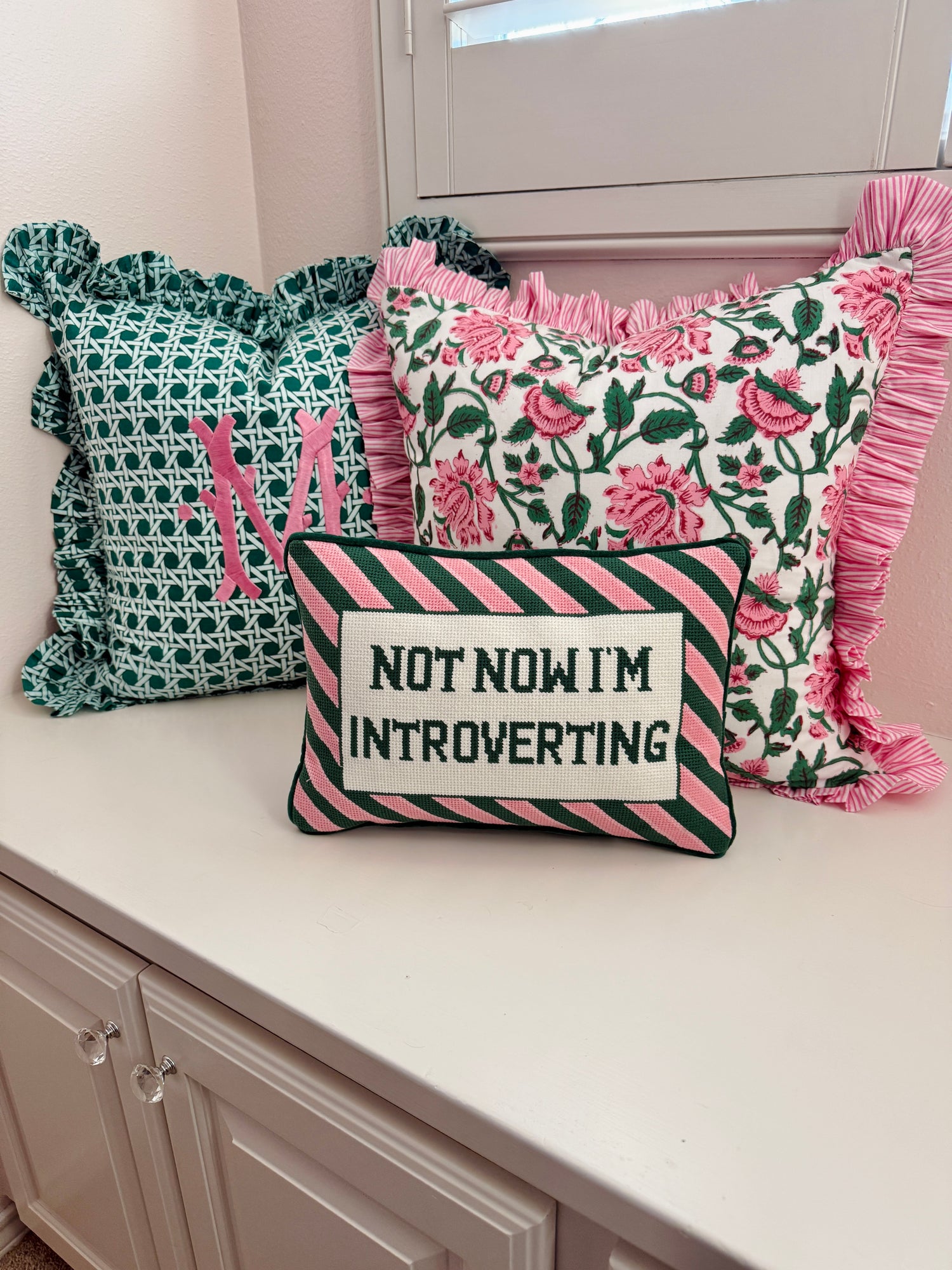 Pink and emerald green vine floral block print pillow cover with pink striped ruffle trim