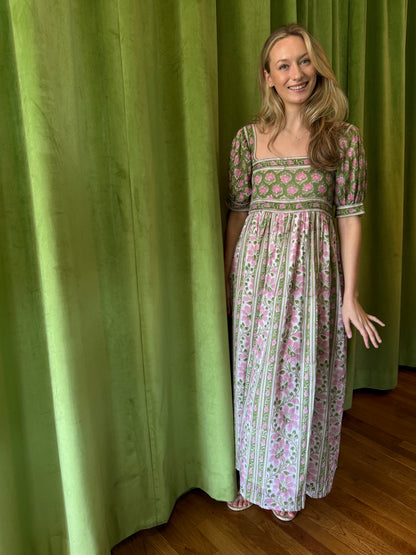 Lottie dress with puff sleeves in pink and green