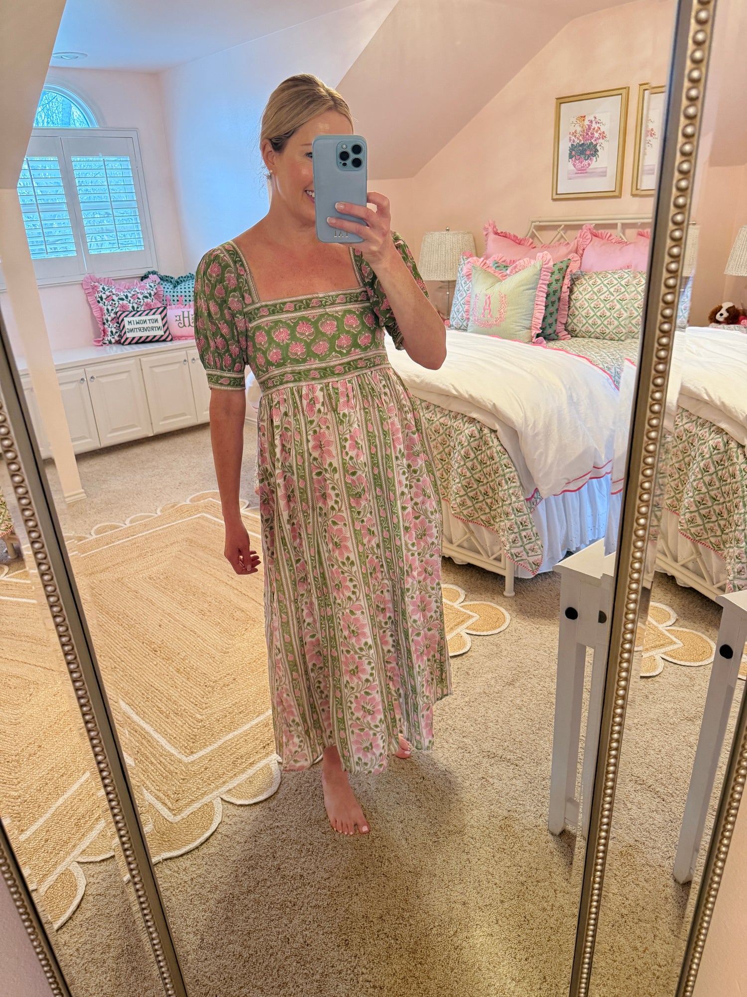 Lottie dress with puff sleeves in pink and green