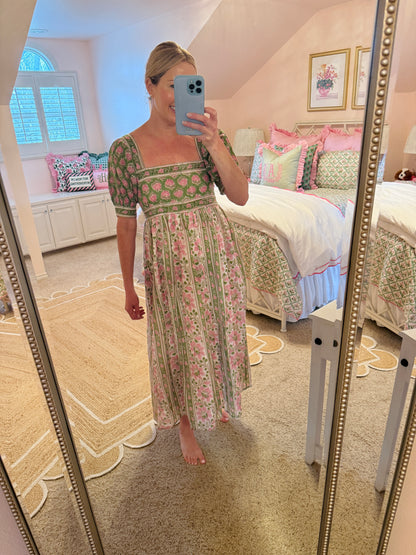 Lottie dress with puff sleeves in pink and green