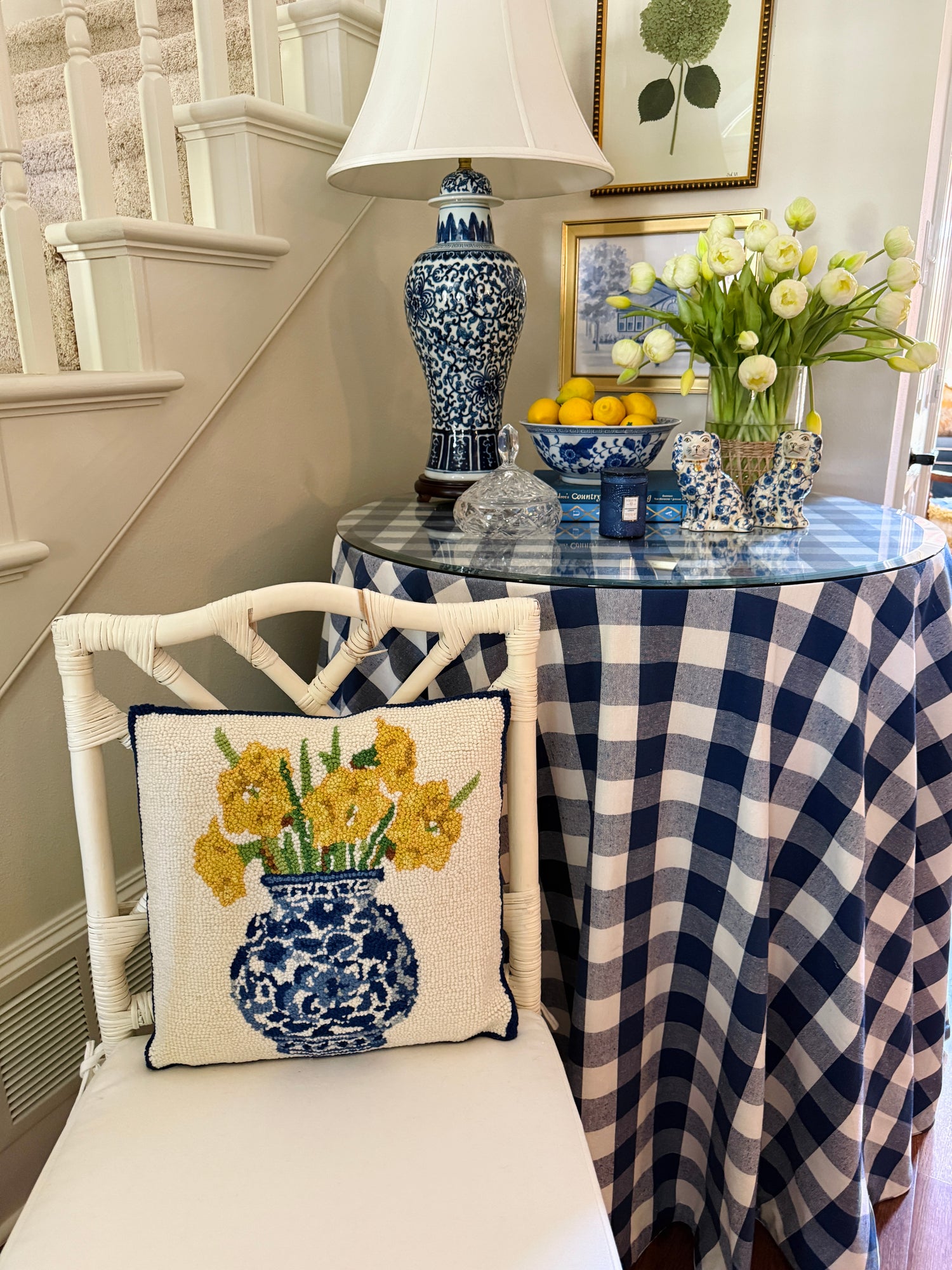 Hand hooked wool yellow daffodils and chinoiserie pillow