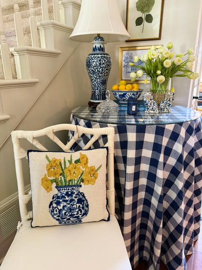 Hand hooked wool yellow daffodils and chinoiserie pillow