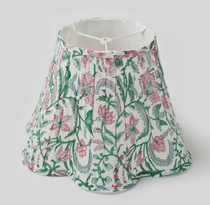 Gathered printed lampshades, pink and green floral