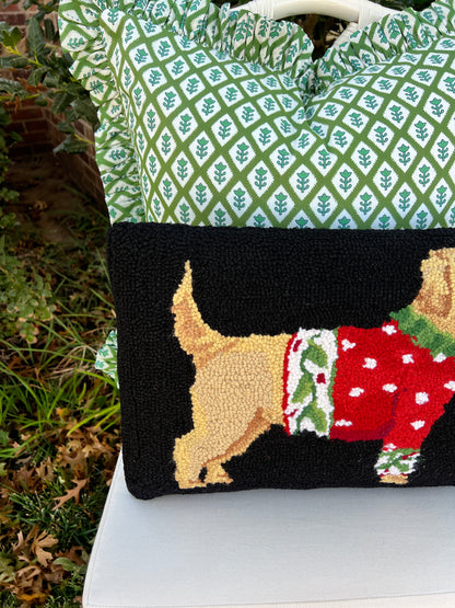 Christmas sweater pup hand hooked pillow