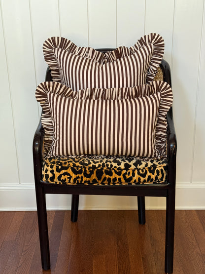 Brown and cream striped ruffle pillow cover, two sizes