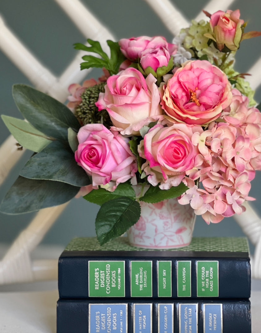 Petite faux floral arrangement, pink garden roses and hydrangeas in pink and white chinoiserie pot