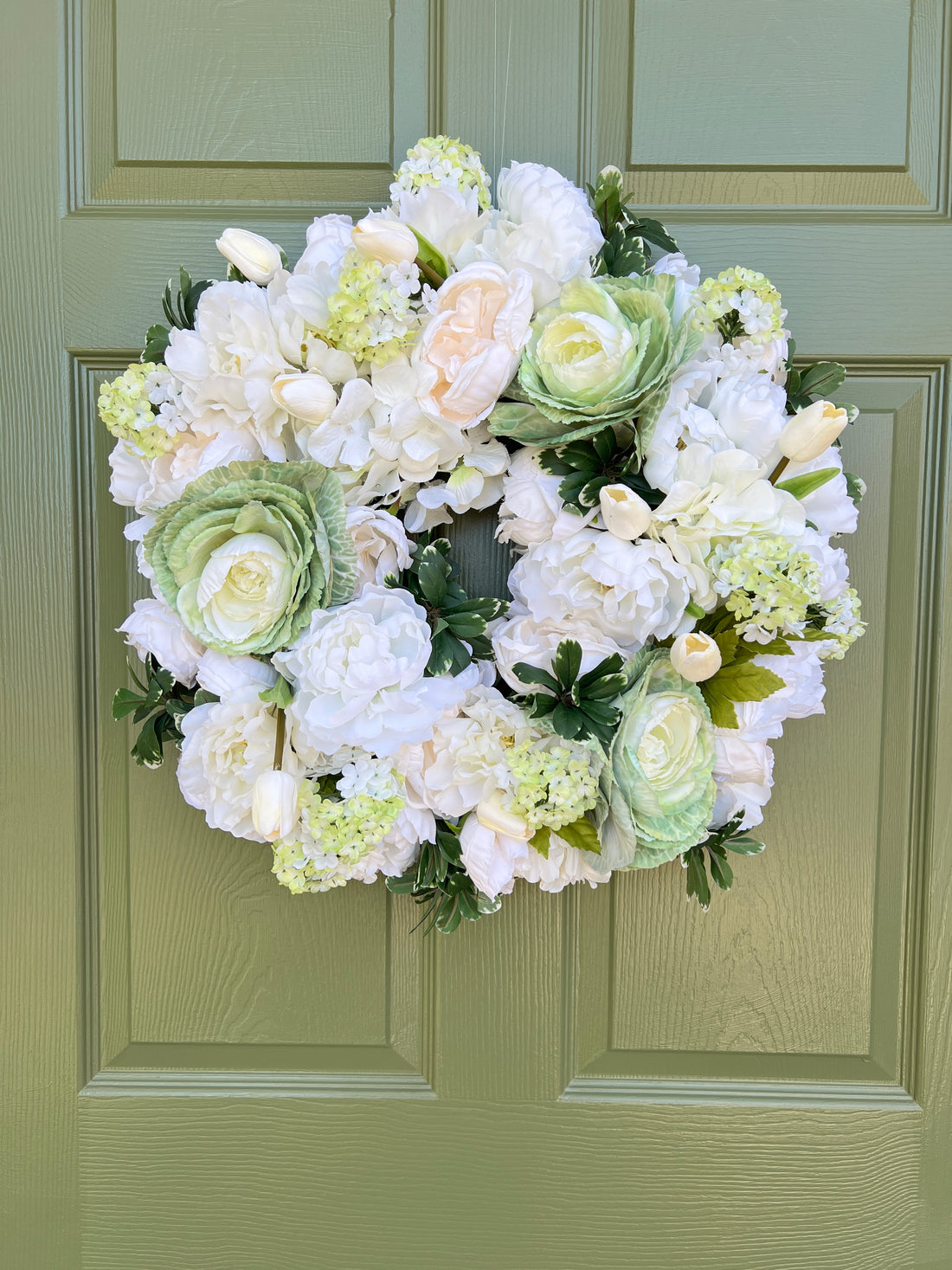 White floral and green cabbage wreath 22”