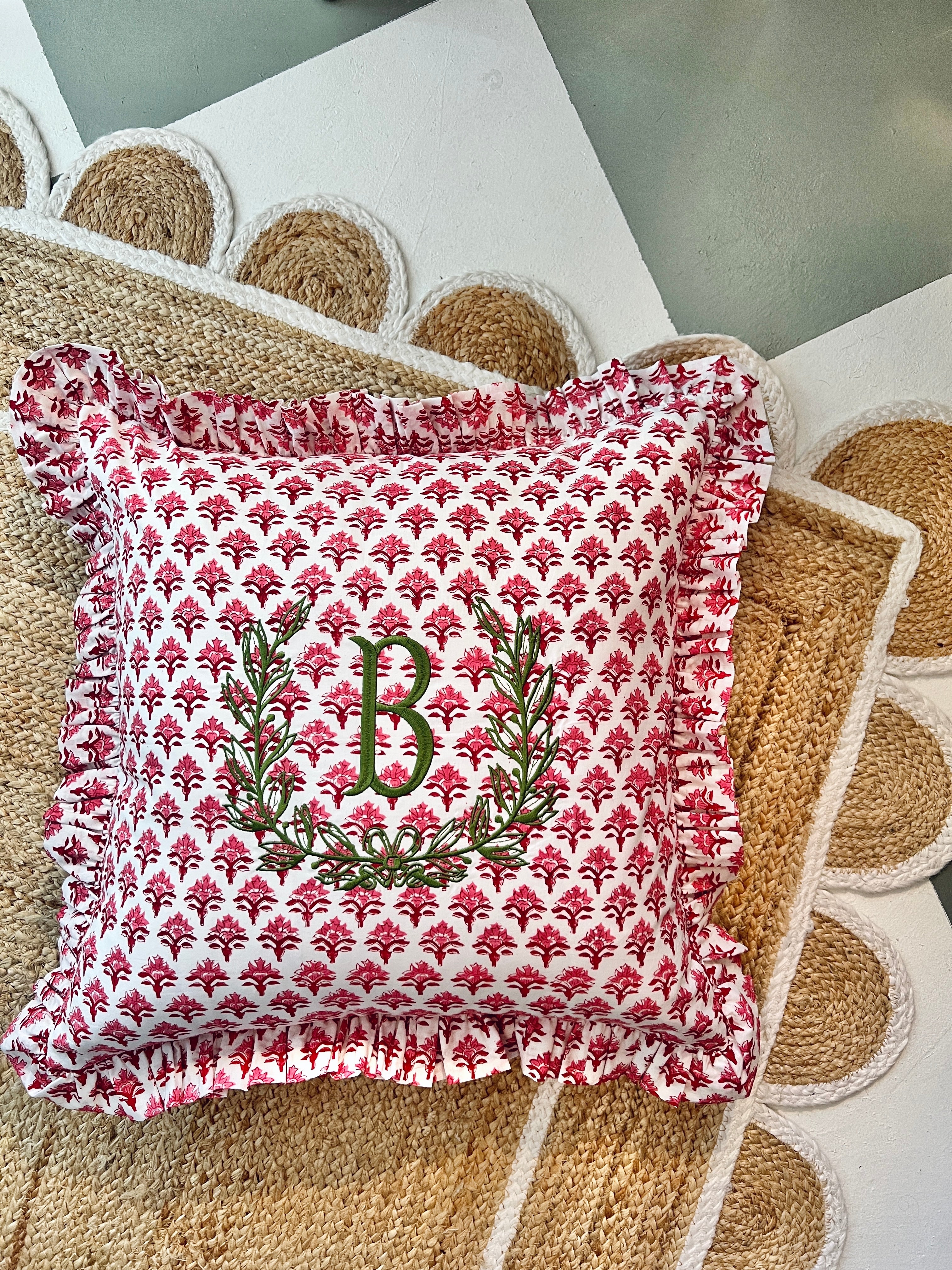 Red and pink block print pillow cover