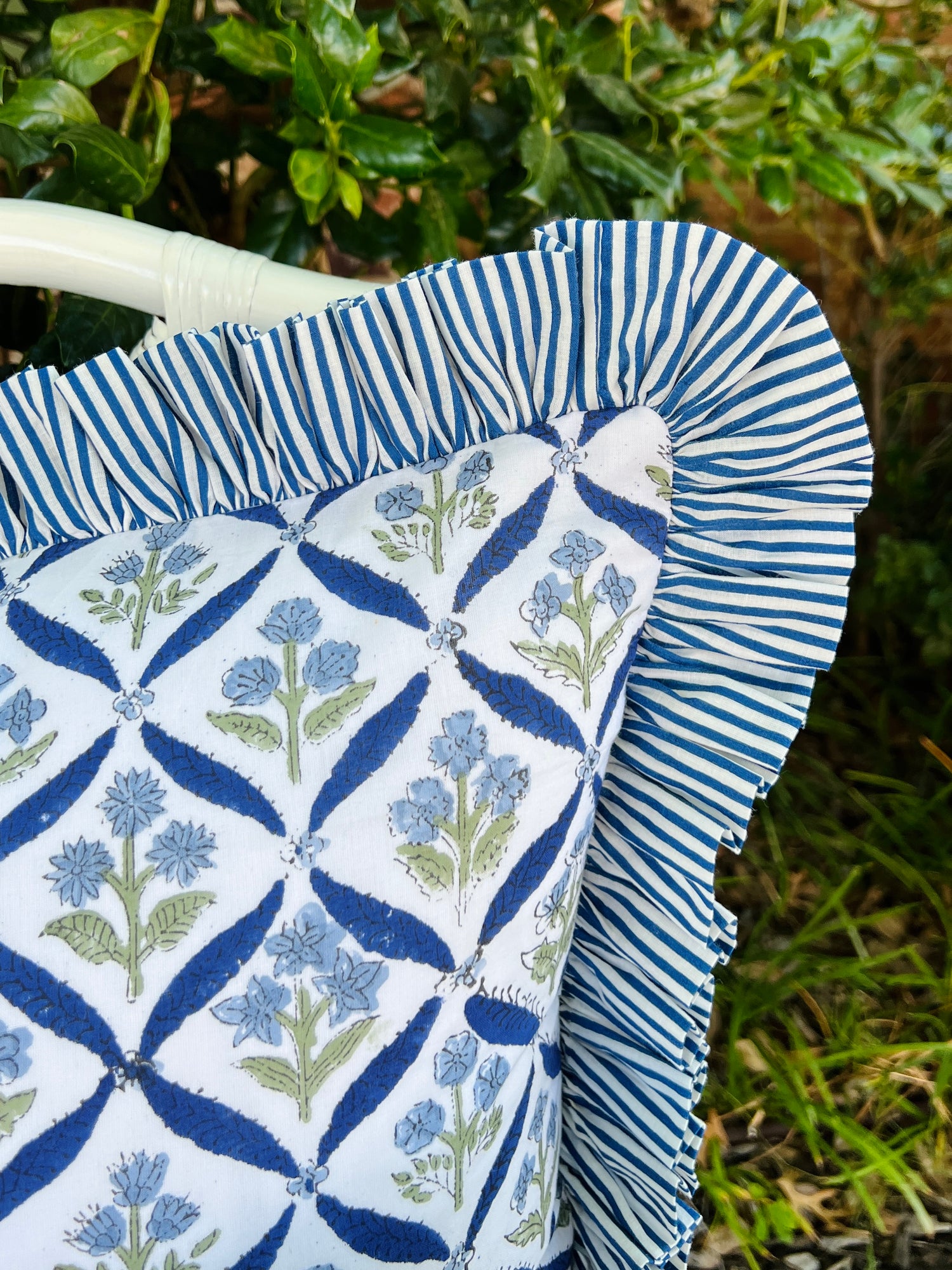 Blue and green floral trellis pillow cover, monogram available