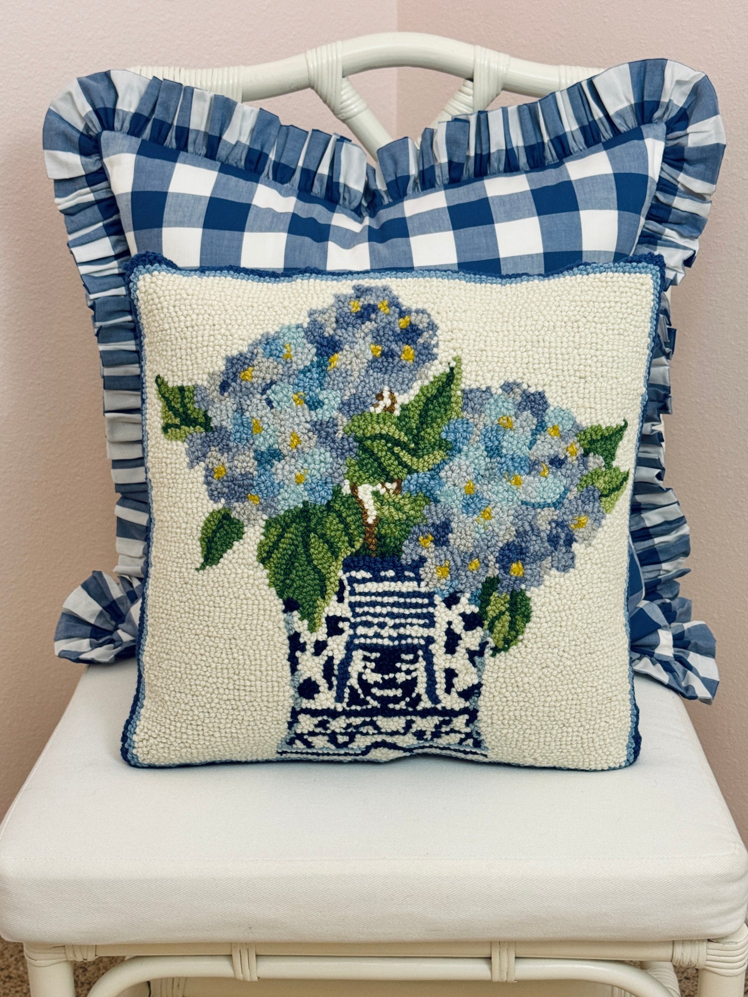 Chinoiserie hydrangeas 2 hand hooked pillow