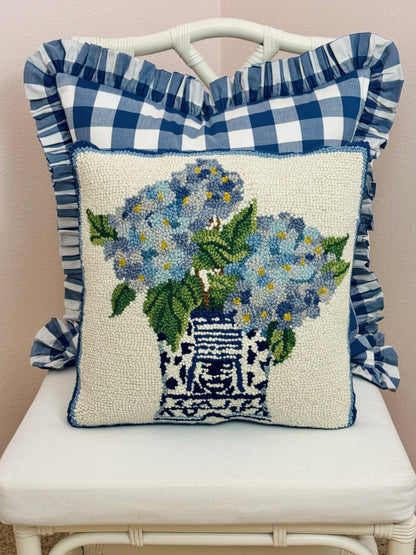 Chinoiserie hydrangeas 2 hand hooked pillow