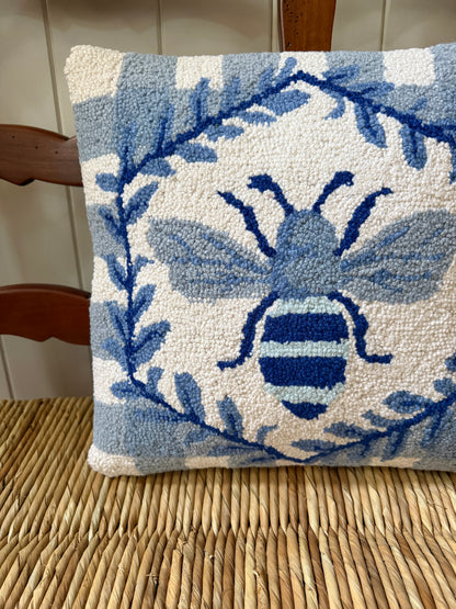 Blue and white bee and gingham hand hooked pillow