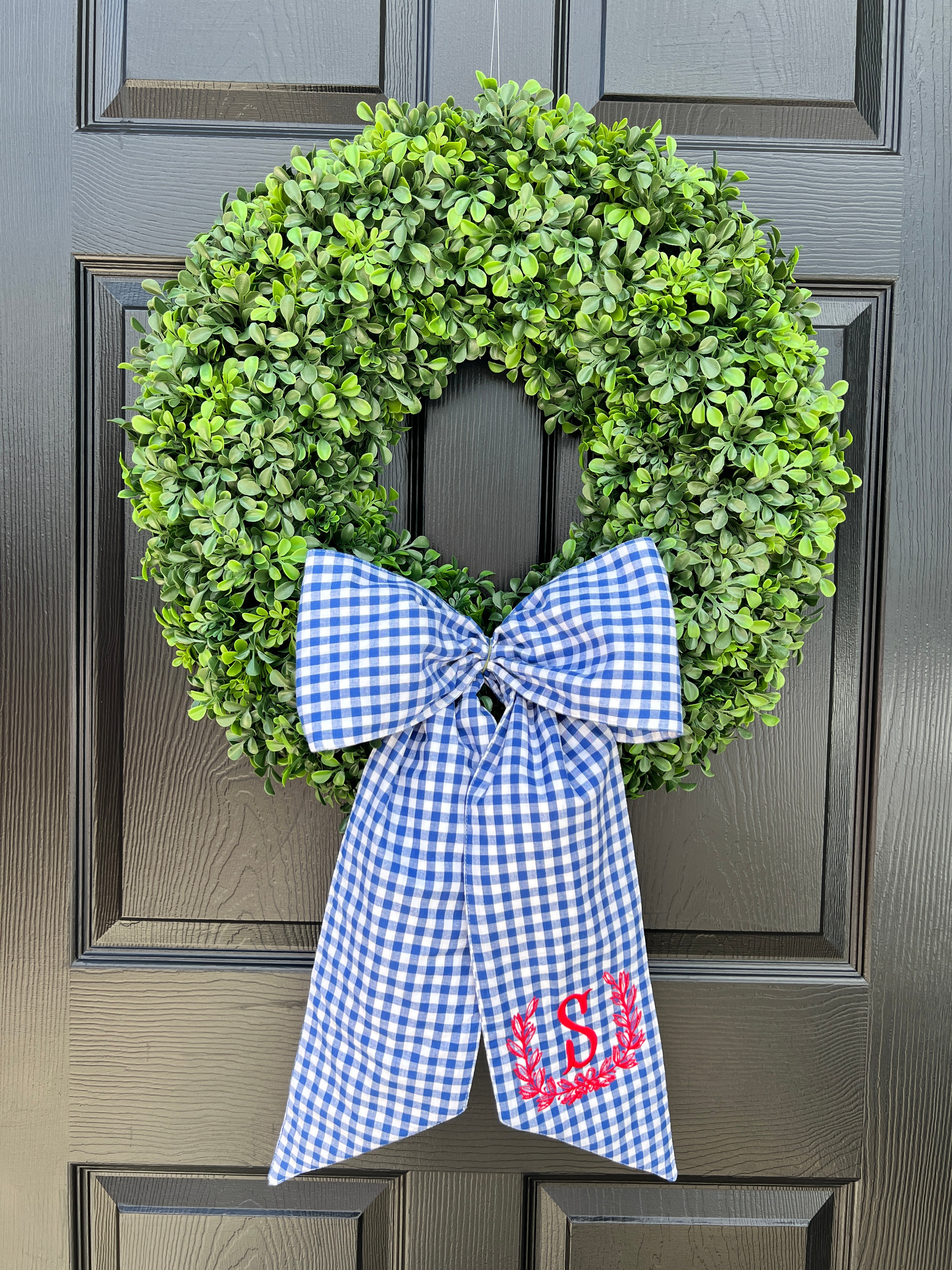 Blue and white gingham wreath bow sash custom monogram available