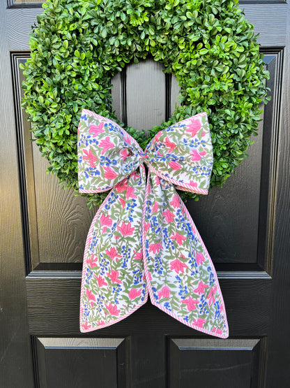 Spring floral wreath sash bow with pink striped piping, monogram available