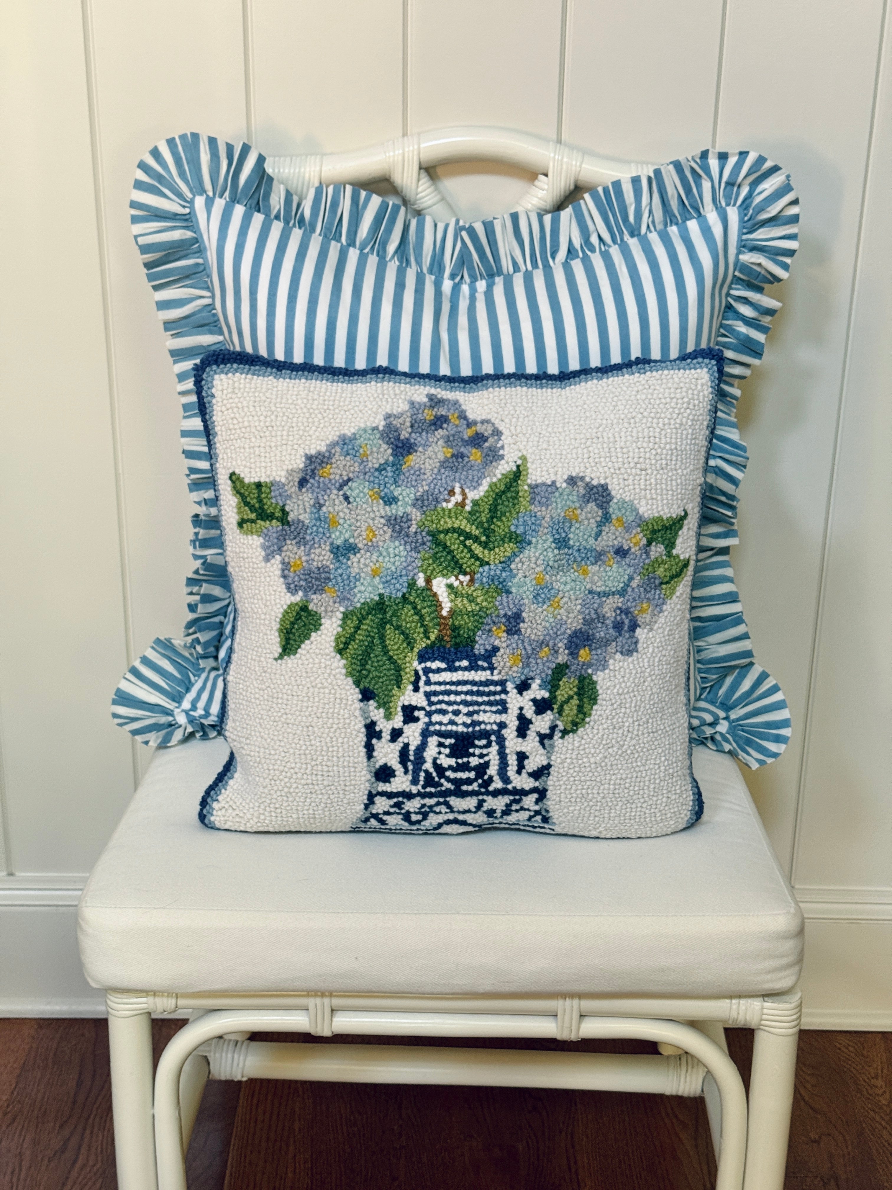 Hydrangea blue and white striped ruffle pillow cover