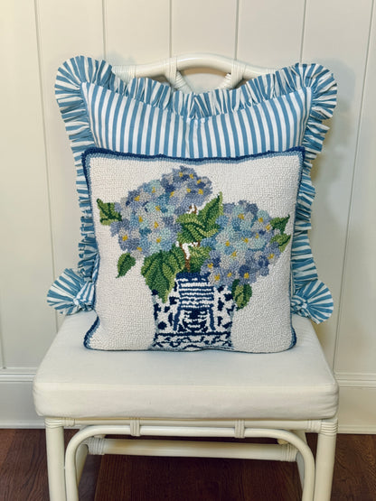 Hydrangea blue and white striped ruffle pillow cover