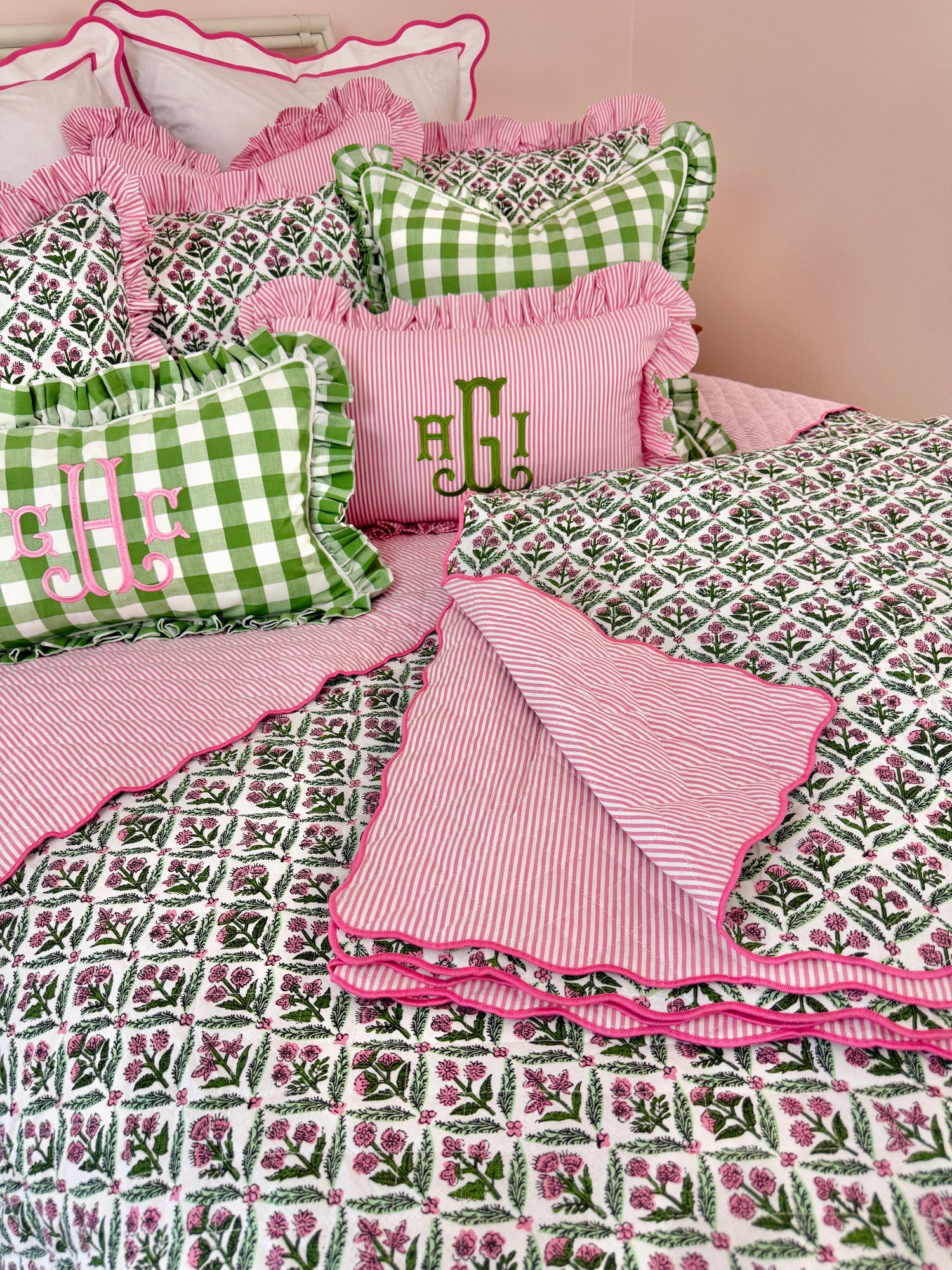 Pink and green floral trellis block print bedding collection