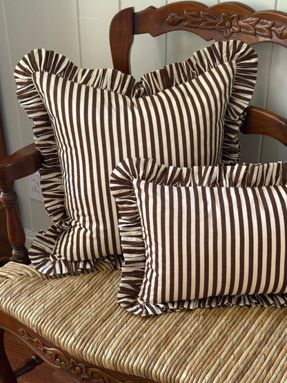Brown and cream striped ruffle pillow cover, two sizes