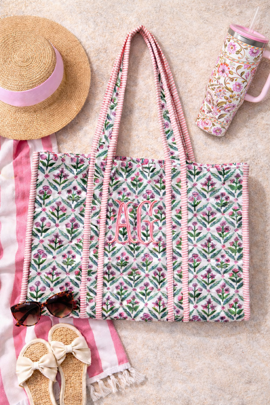 Pink and green quilted block print tote bag monogram available