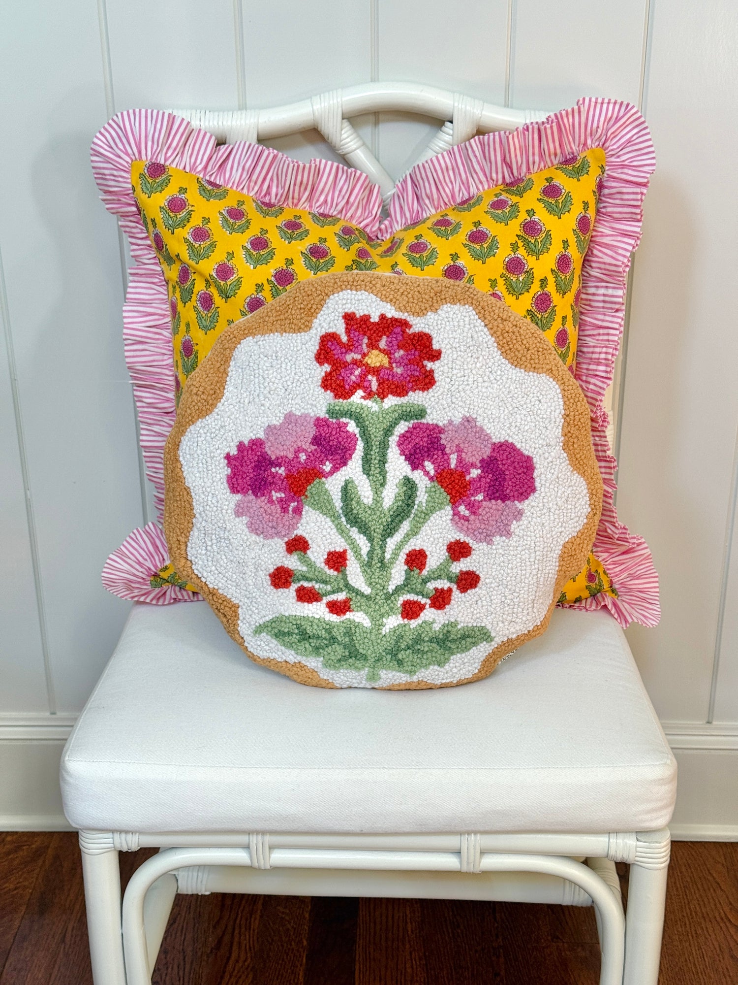 Mughal red and pink flower hand hooked pillow