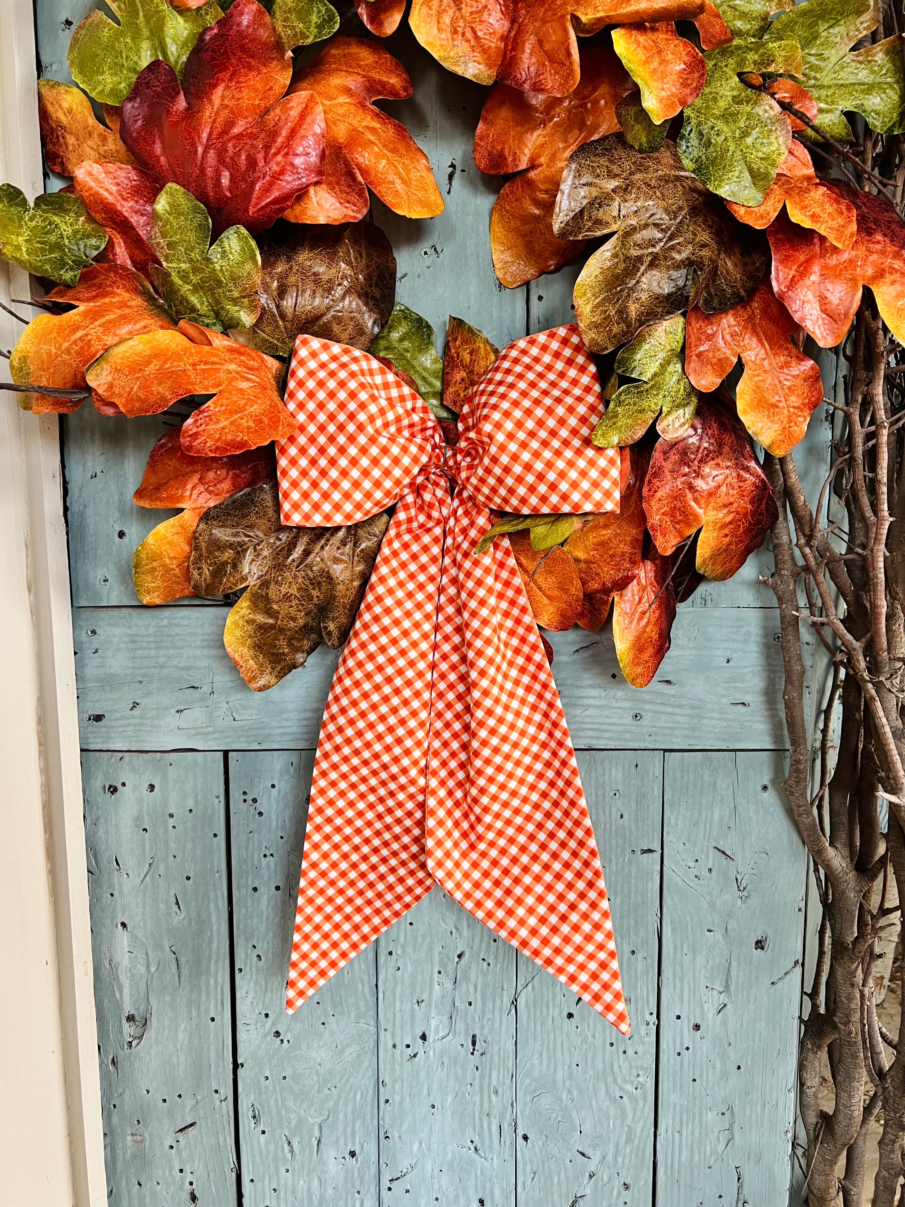 Orange and white gingham bias check Fall wreath sash,  embroidered monogram available