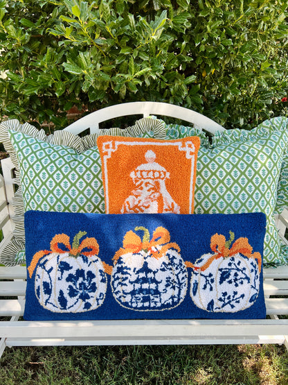 Orange chinoiserie ginger jar hooked pillow