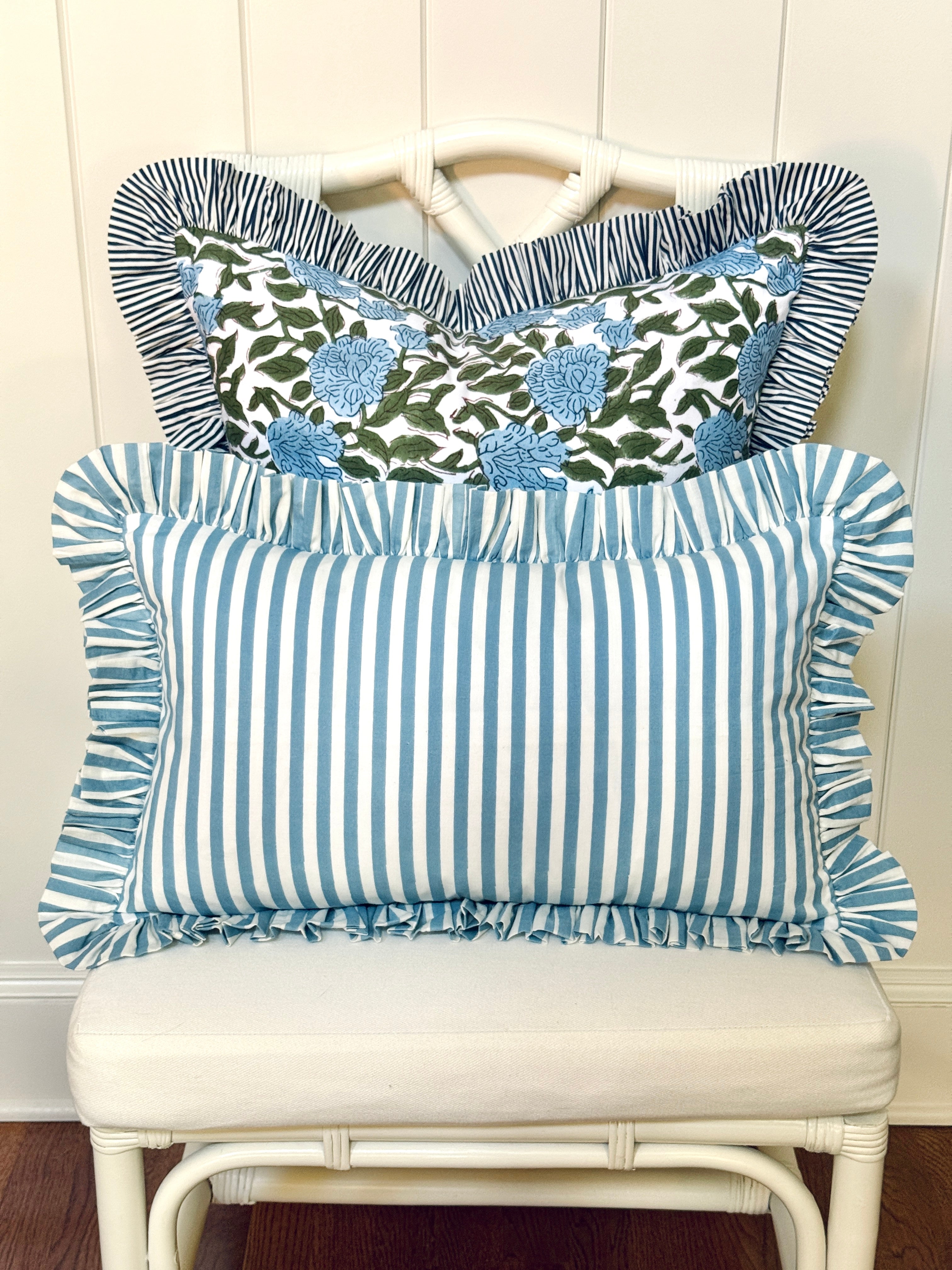 Hydrangea blue and white striped ruffle pillow cover