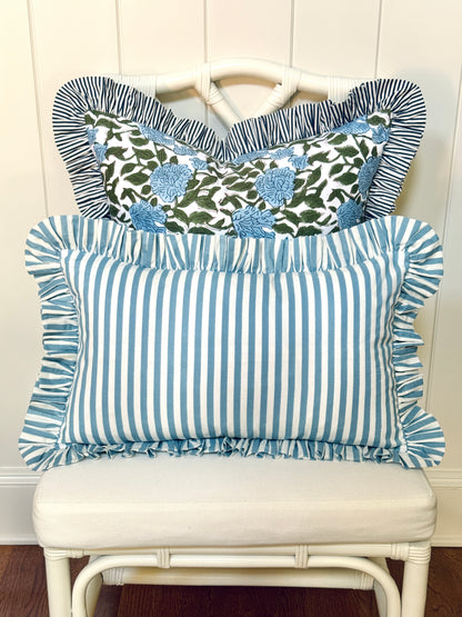 Hydrangea blue and white striped ruffle pillow cover