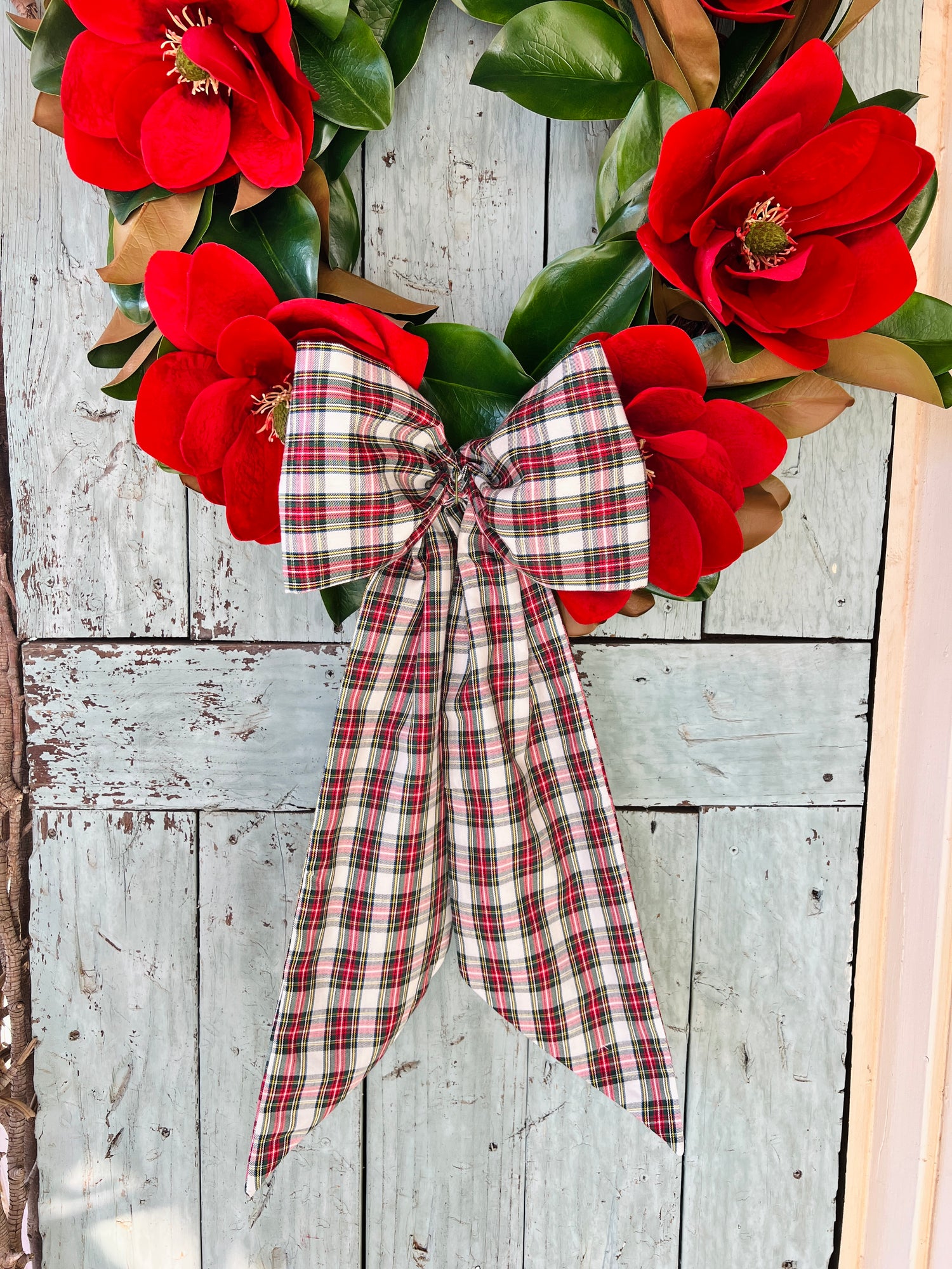 Classic red and white tartan plaid Christmas wreath sash