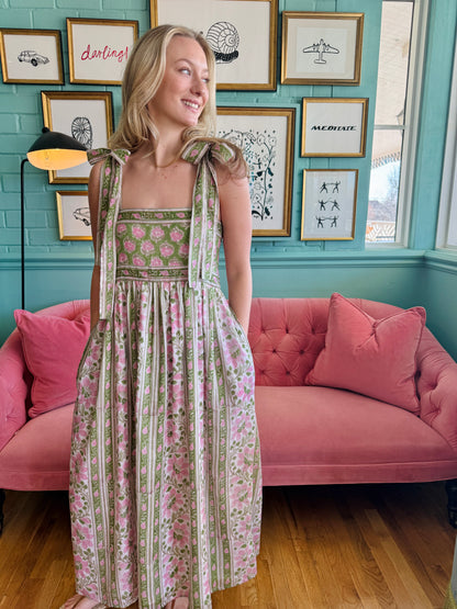 Lottie dress with tie shoulders in pink and green