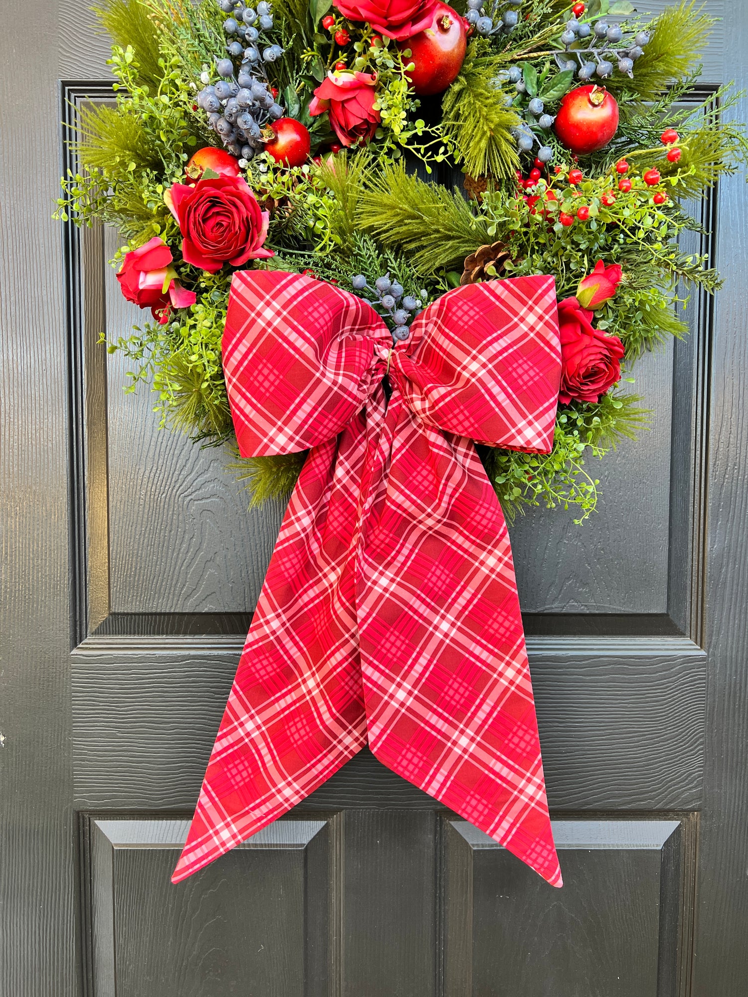 Red and pink plaid wreath sash